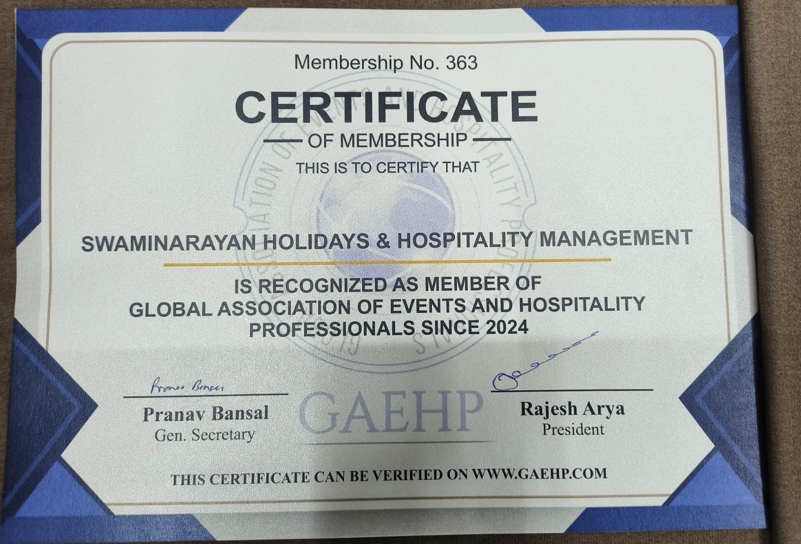 GAEHP Certificate of Membership No. 363